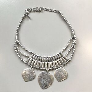 Chico’s Silver Tone Etched Metallic Beaded Pendant Statement Tribal Necklace